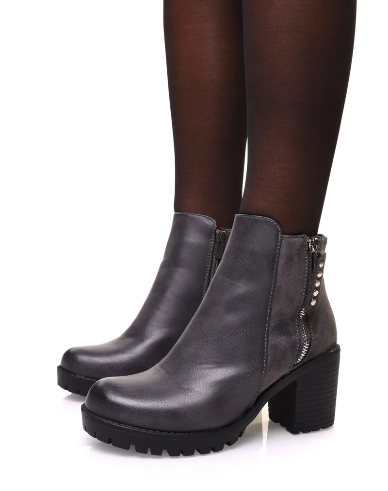 Bottines grises bi matières à talon mi haut