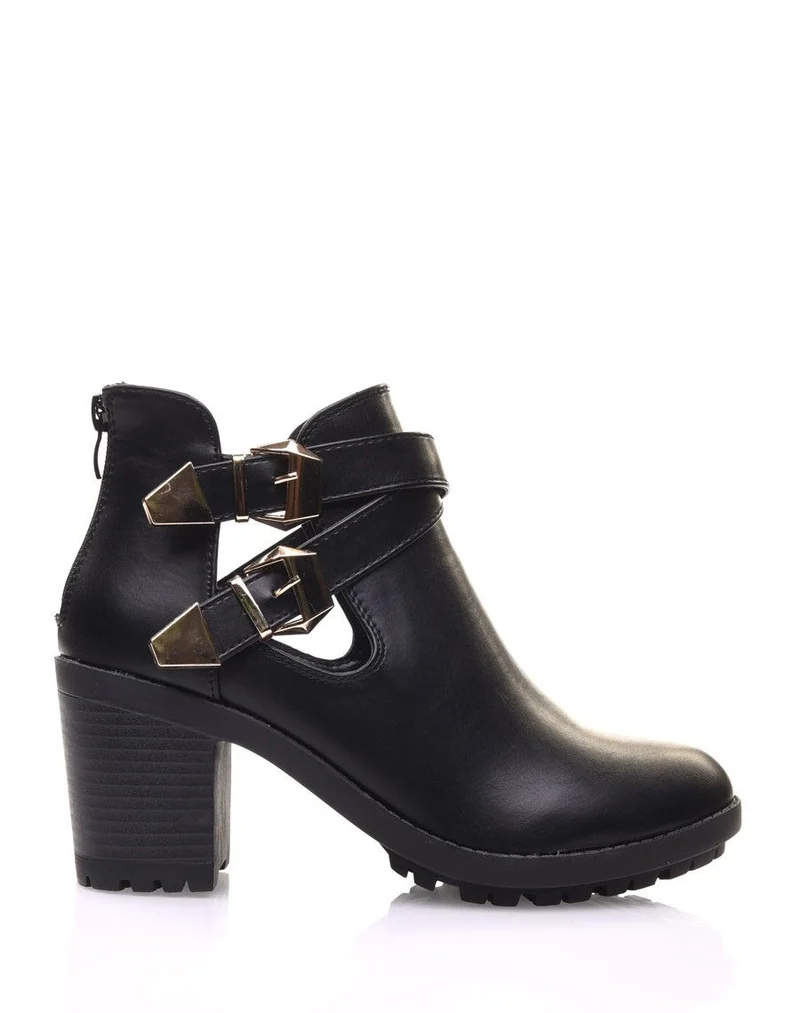 Bottines noires crantées à boucles croisées