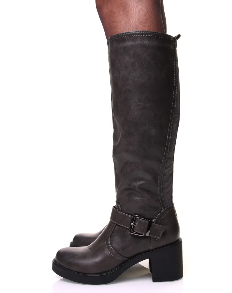 Bottes grises à sangles et talon épais