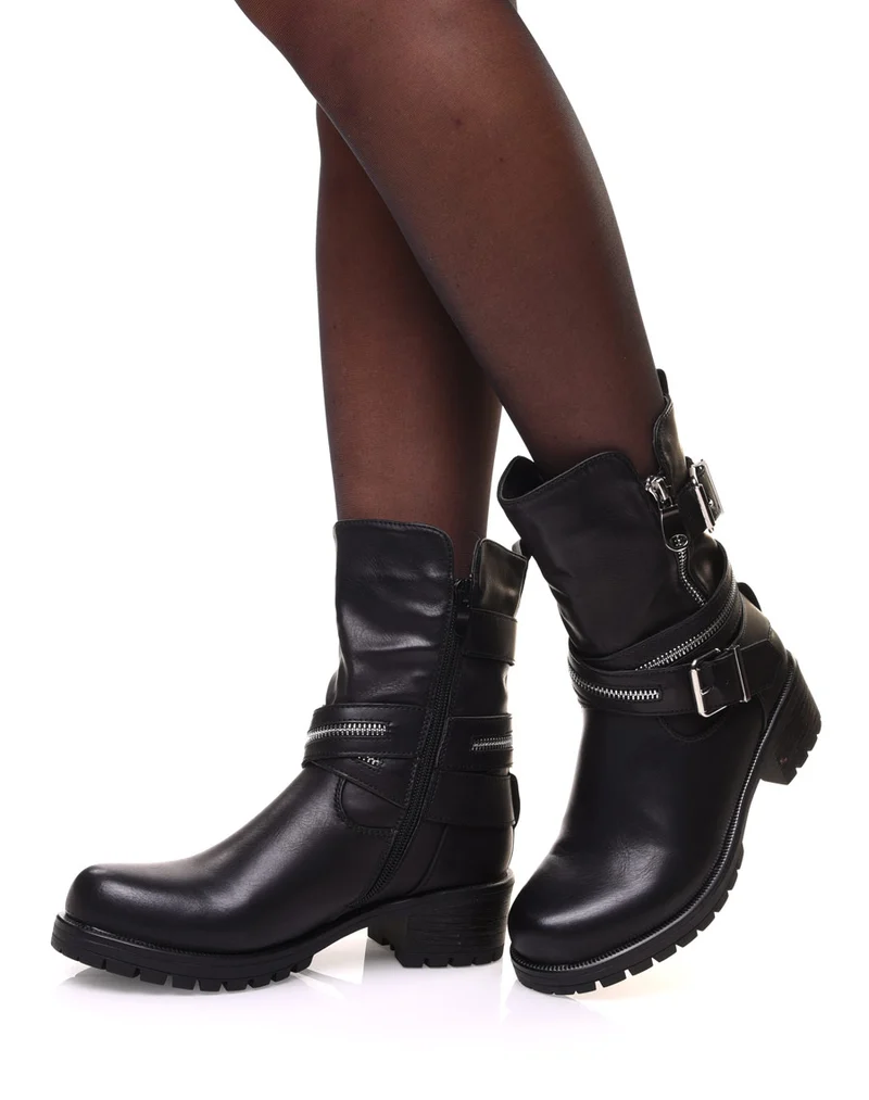 Bottines noires à sangles multiples & détails zippés