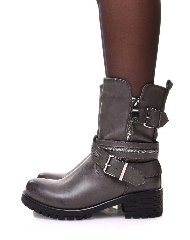 Bottines grises à sangles multiples & détails zippés