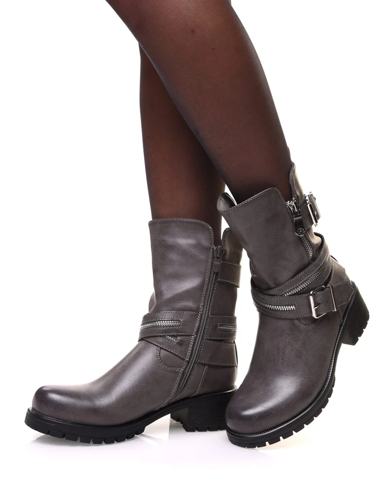 Bottines grises à sangles multiples & détails zippés