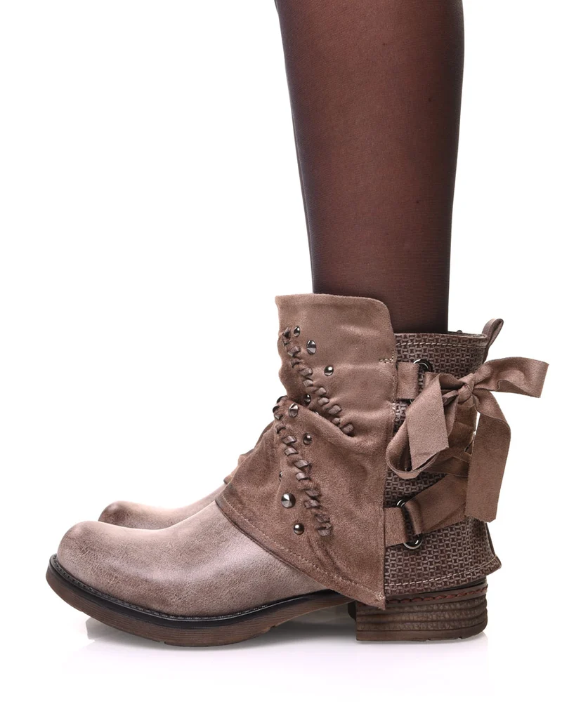 Bottines taupes à empiècements bi matières et nœud