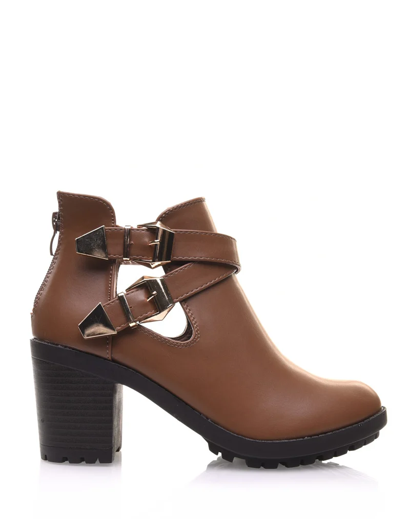 Bottines marrons crantées à boucles croisées