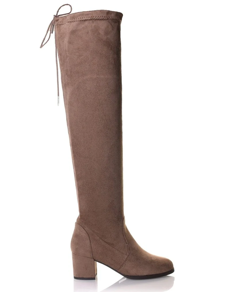 Cuissardes taupes en suédine à talons mi hauts