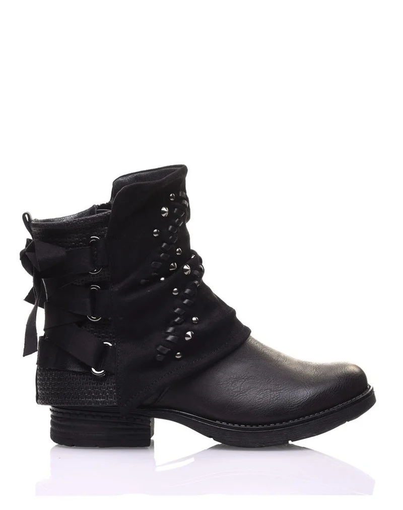 Bottines noires à empiècements bi-matières et noeud