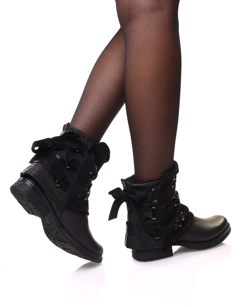 Bottines noires à empiècements bi-matières et noeud