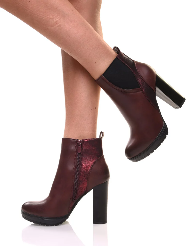 Bottines bordeaux à talons hauts bi matières