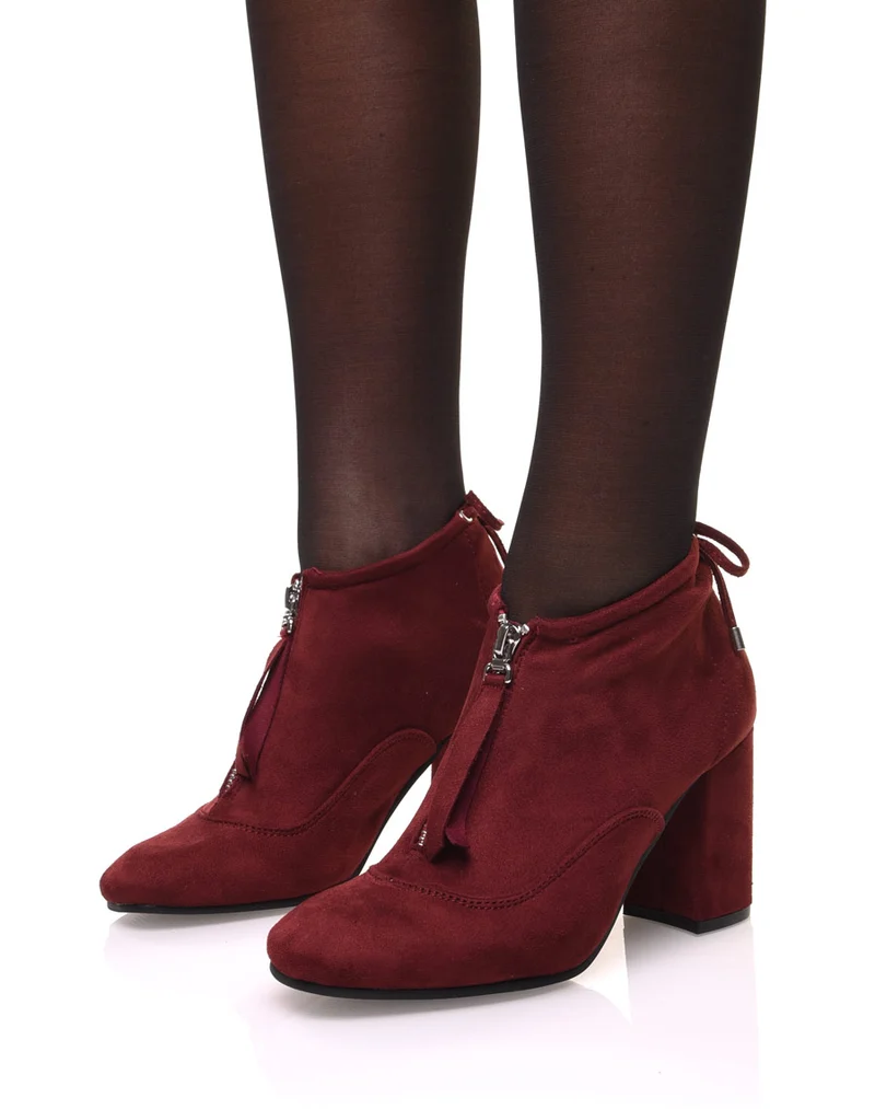 Bottines souples en suédine bordeaux à talons hauts