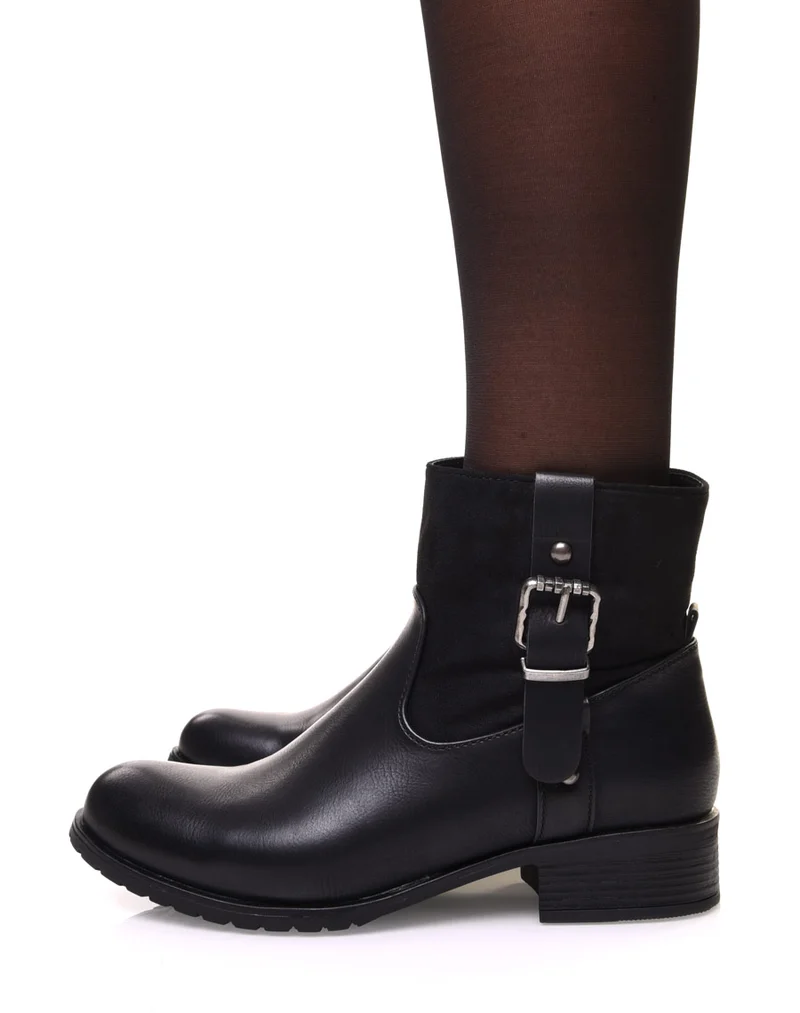 Bottines noires bi matières à sangle décorative sur le côté