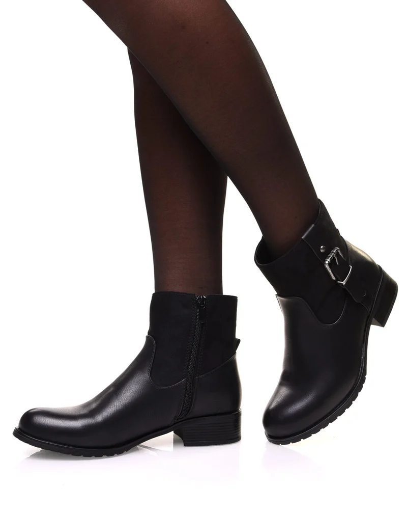 Bottines noires bi matières à sangle décorative sur le côté