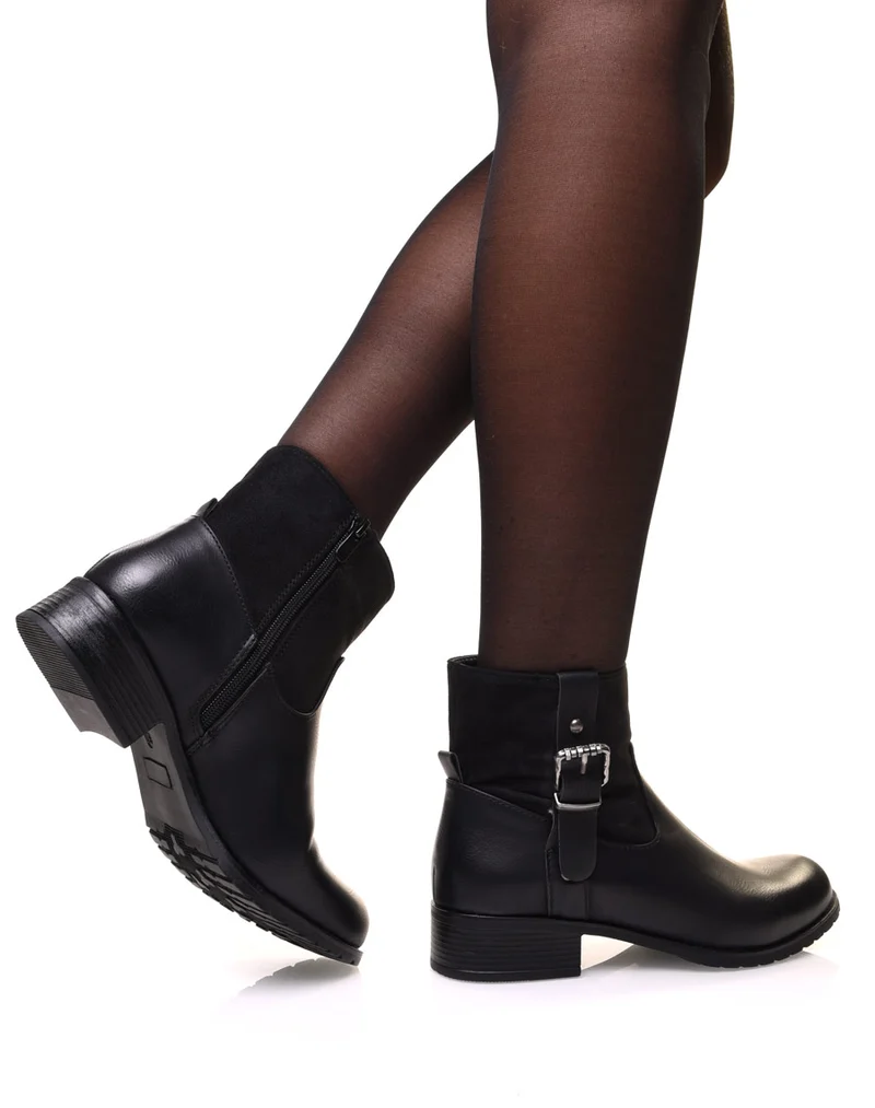 Bottines noires bi matières à sangle décorative sur le côté