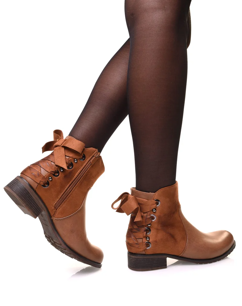 Bottines camelles bi matières à nœud