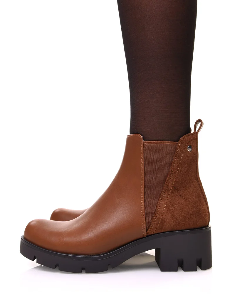 Bottines camelles bi matières et élastique échancré