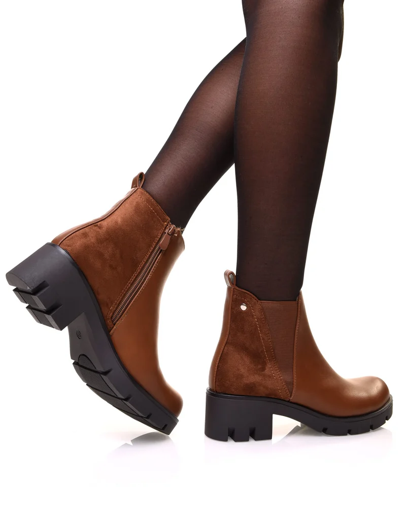 Bottines camelles bi matières et élastique échancré