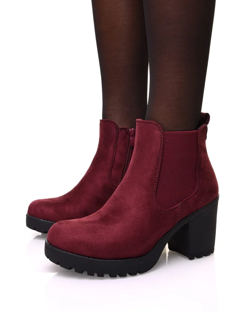 Chelsea boots bordeaux en suédine à talon mi haut
