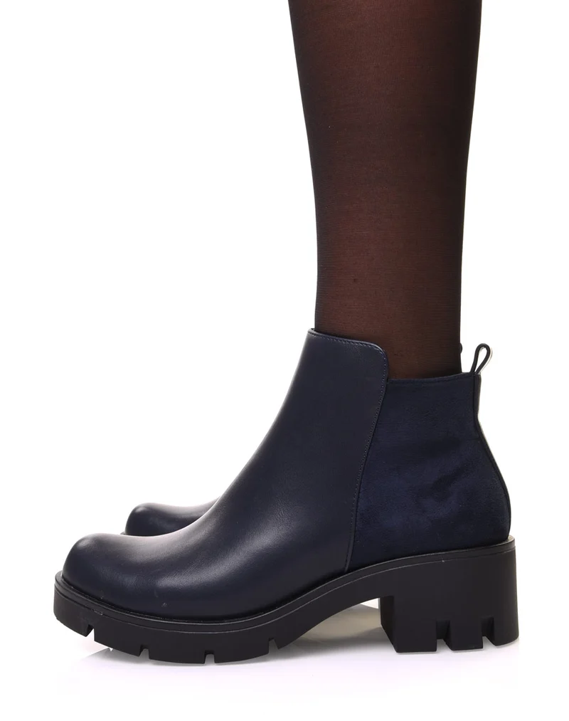 Bottines bleues bi matières à petit talon et semelle crantée