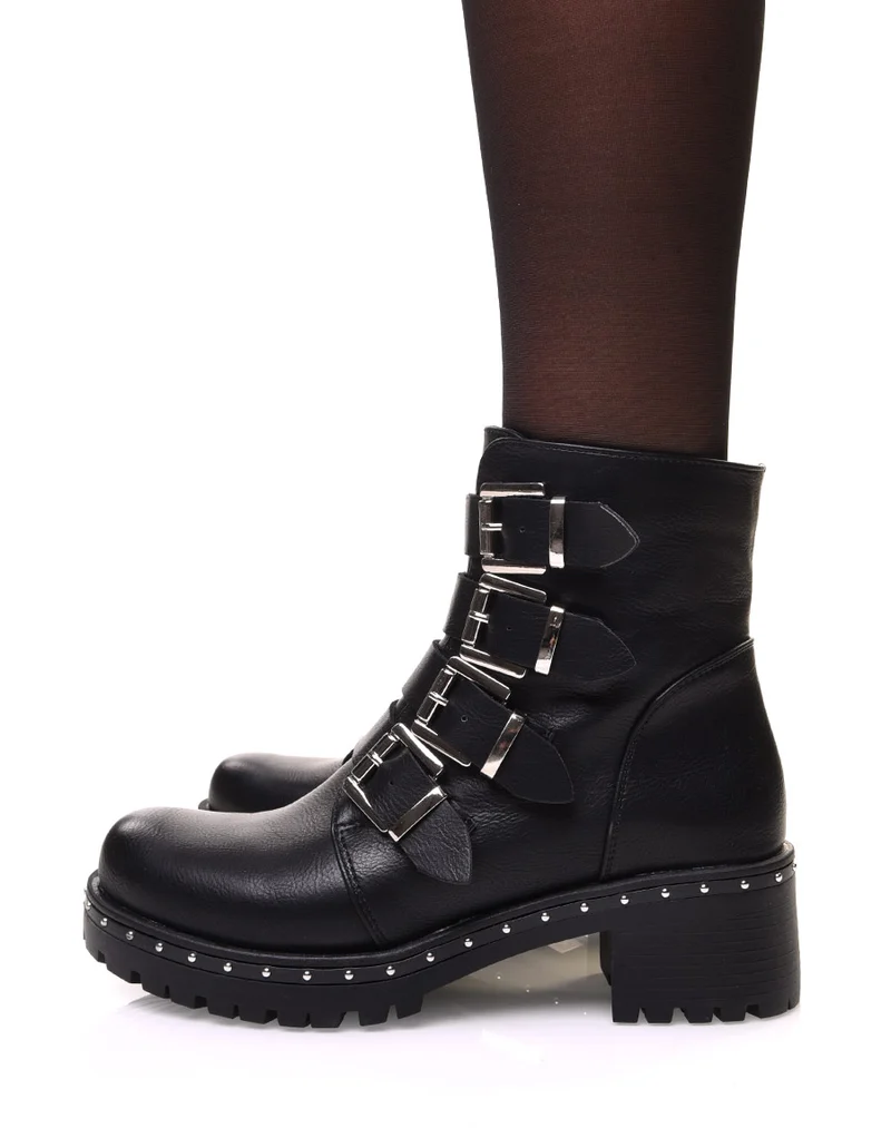 Bottines noires à sangles multiples et semelle cloutée