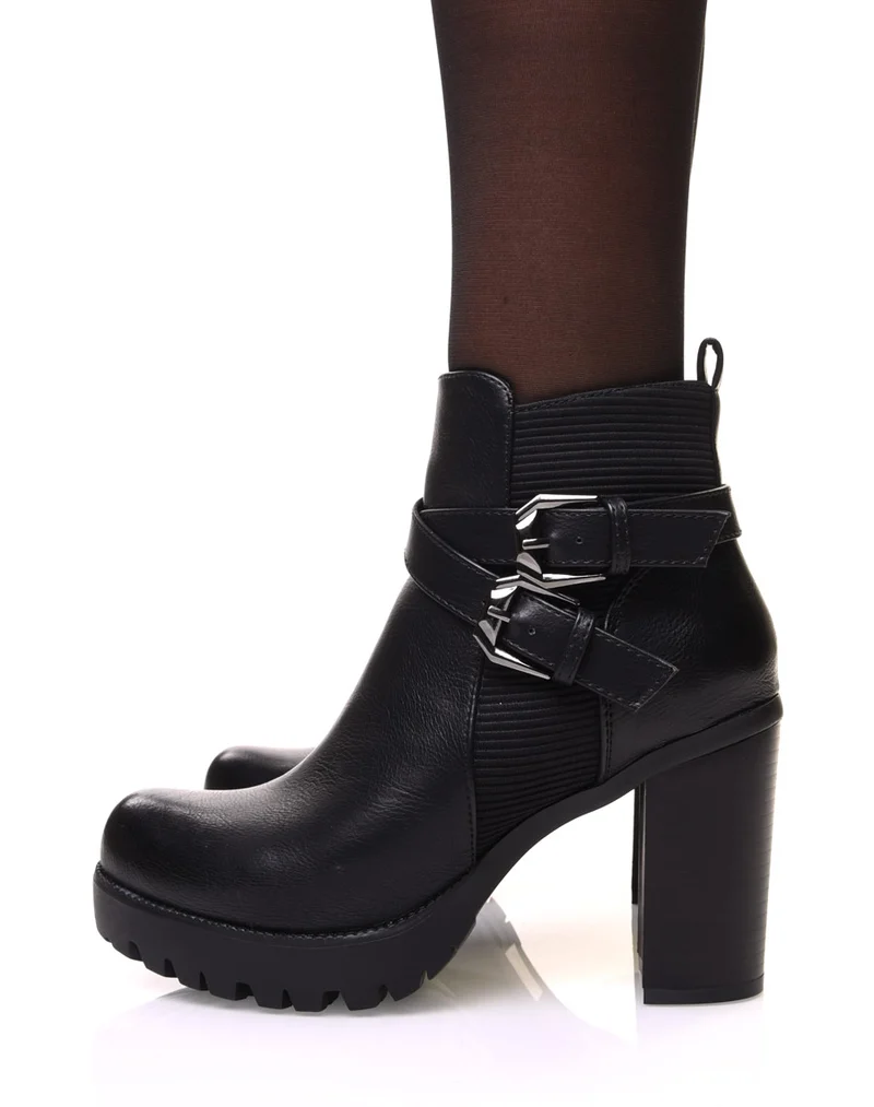Bottines noires bi matières à talon et sangles entrelacées