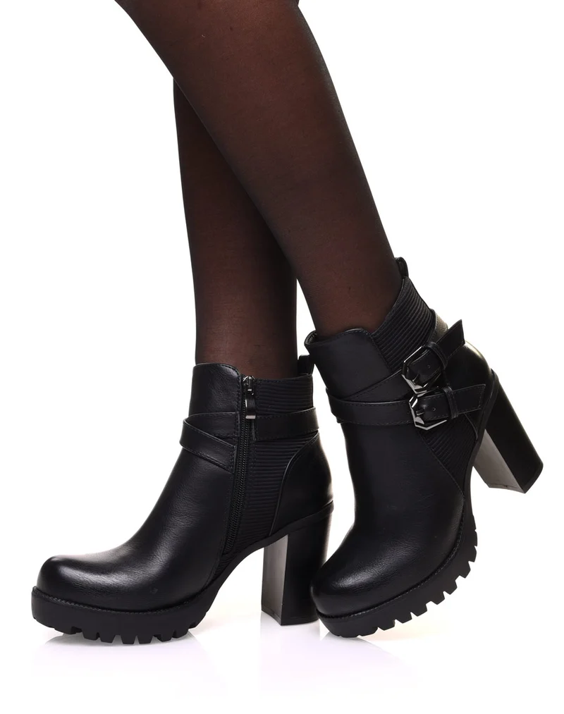 Bottines noires bi matières à talon et sangles entrelacées