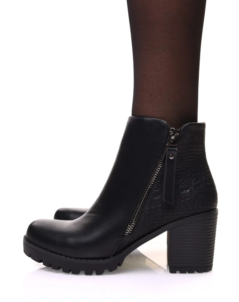Bottines noires bi matières avec effet python