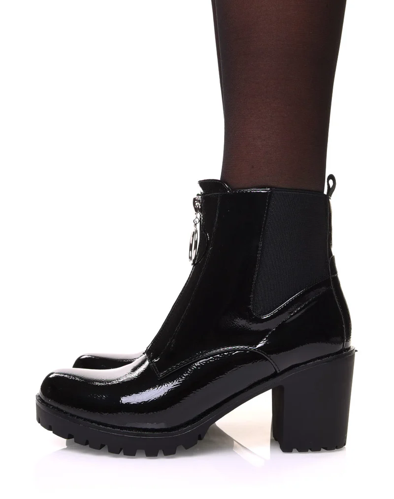 Bottines noires vernies grainées à talon mi haut