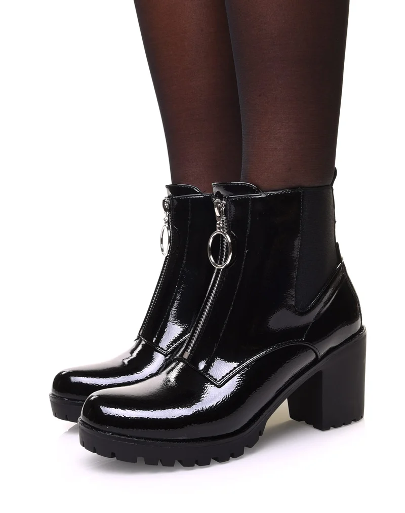 Bottines noires vernies grainées à talon mi haut