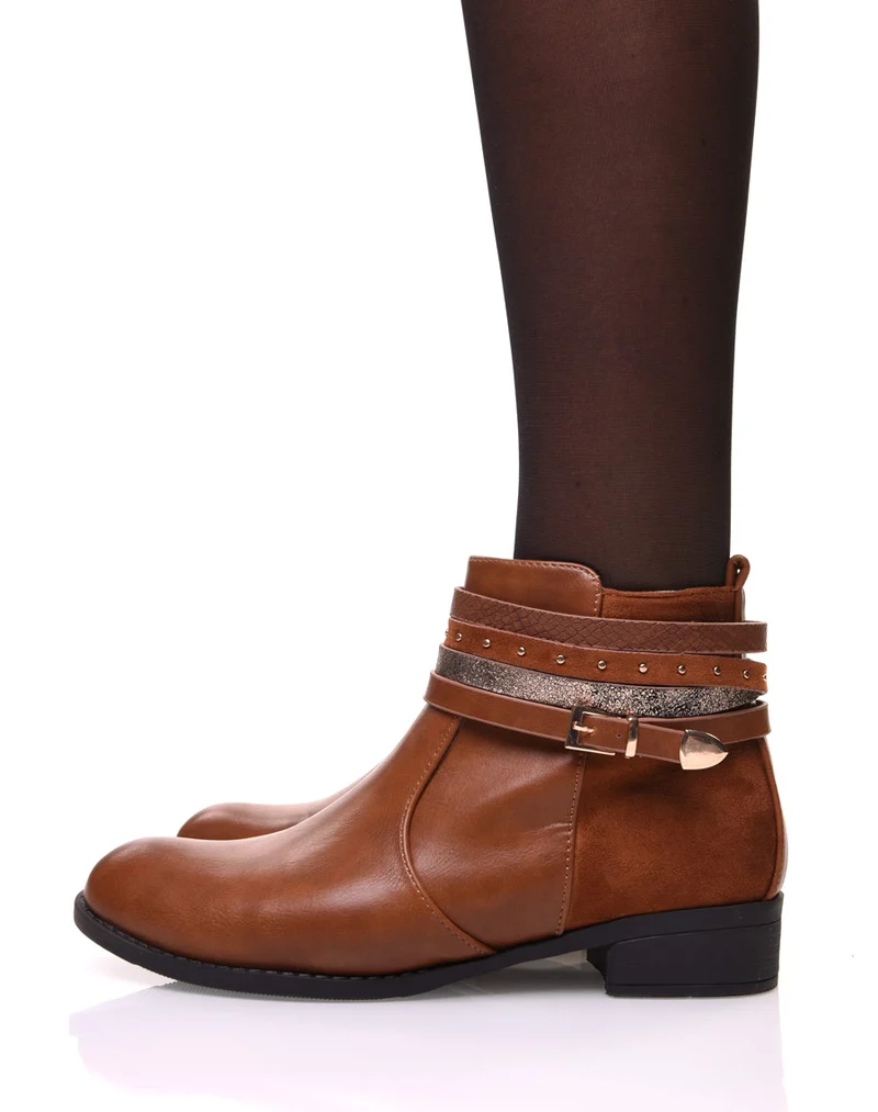 Bottines camelles bi matières avec fines sangles multiples