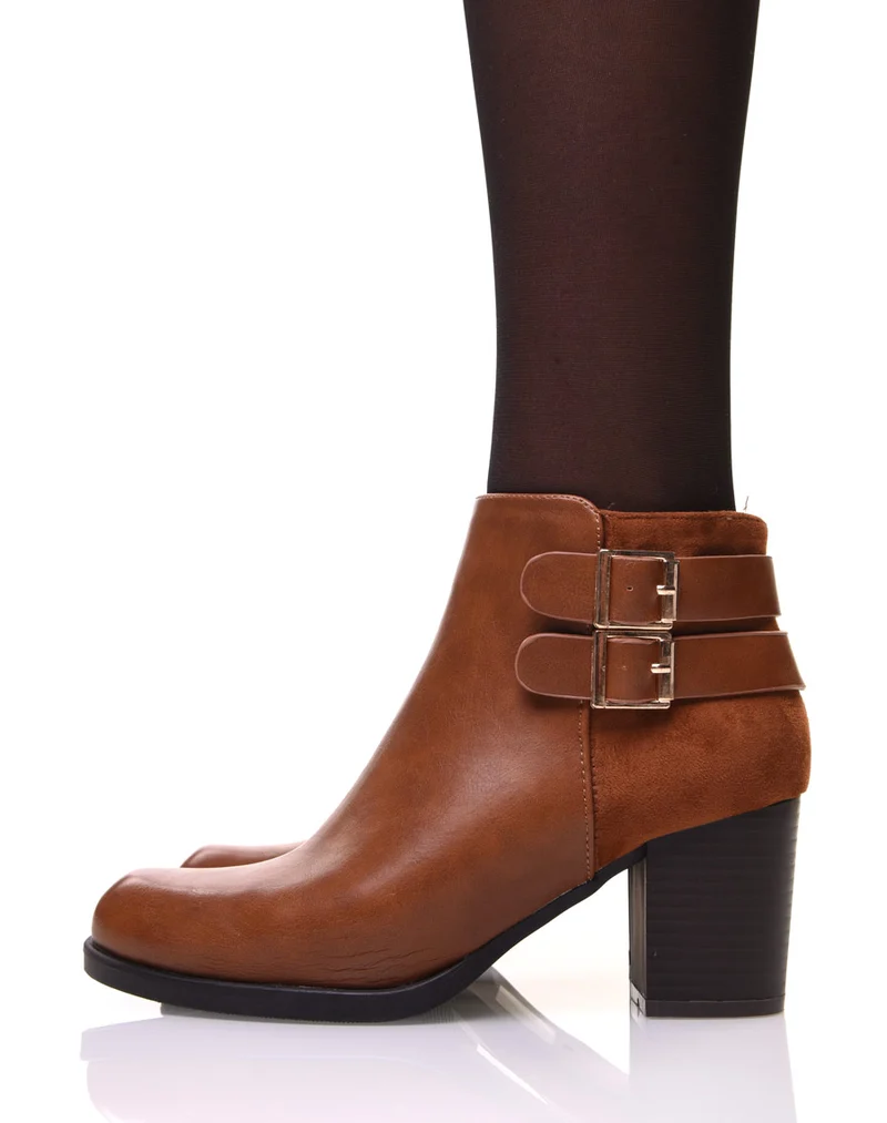 Bottines camelles bi matières à talon mi haut