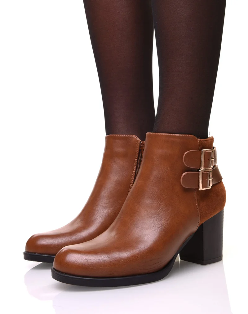 Bottines camelles bi matières à talon mi haut