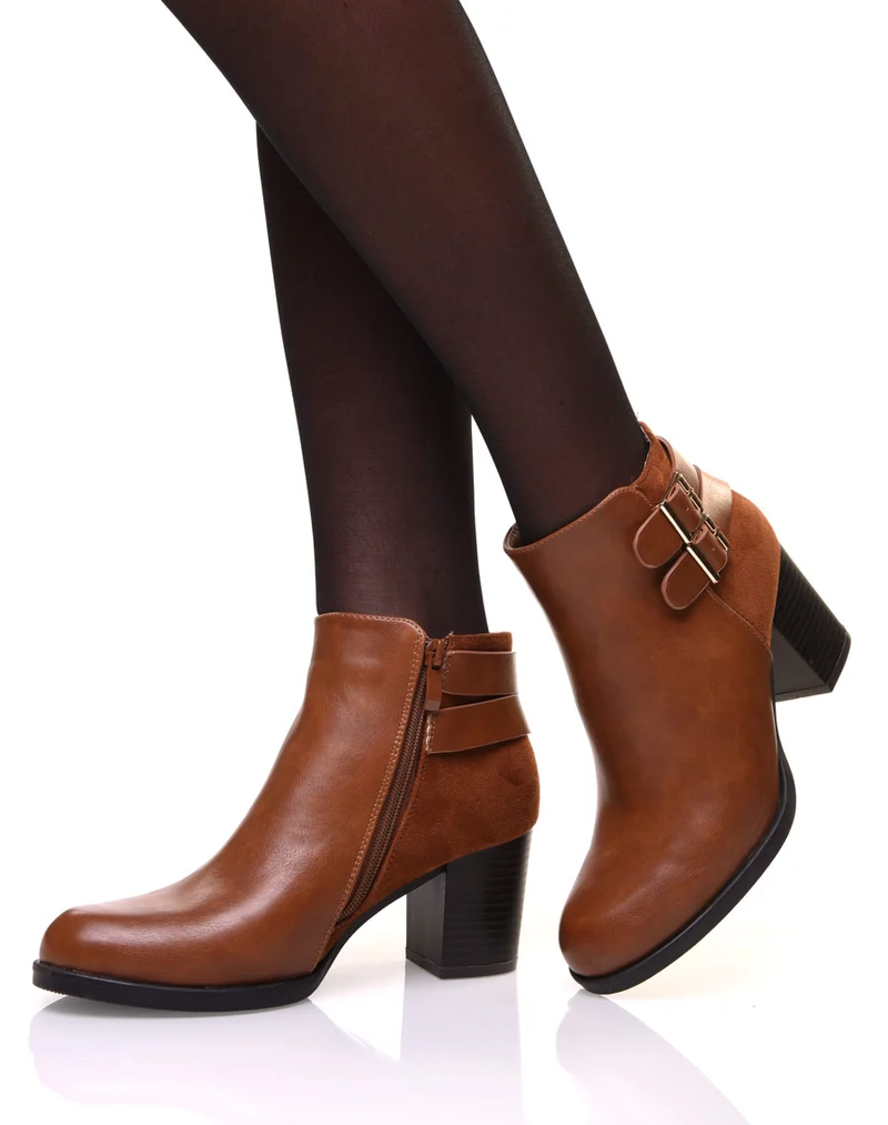 Bottines camelles bi matières à talon mi haut