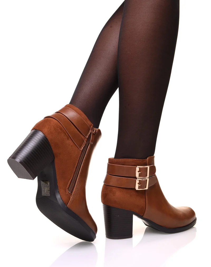 Bottines camelles bi matières à talon mi haut