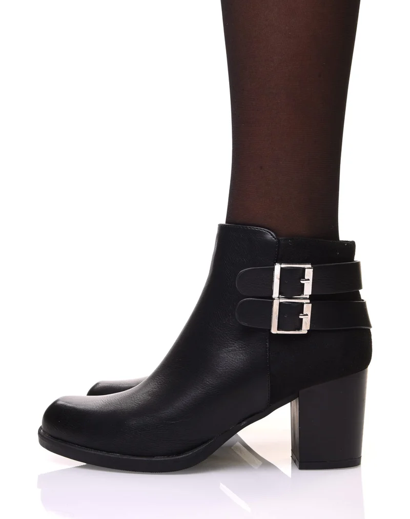 Bottines noires bi matières à talon mi haut