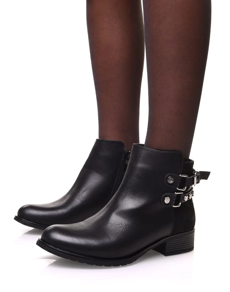 Bottines noires bi matières à sangle cloutée