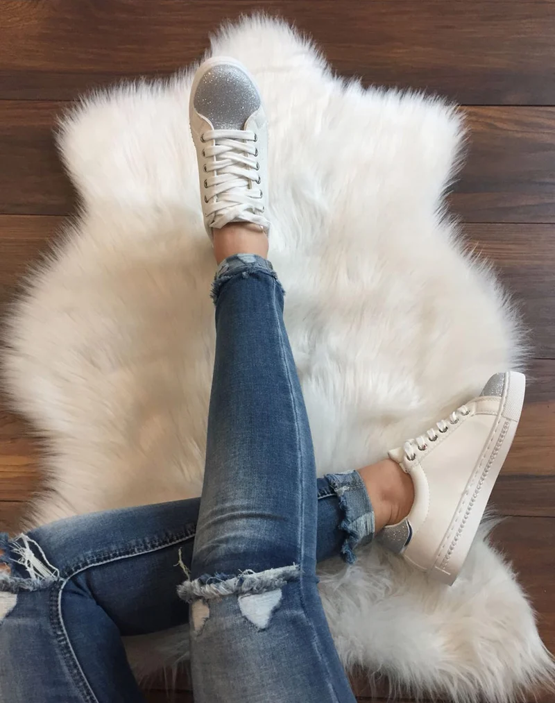 Sneakers bi matières blanches pailletés