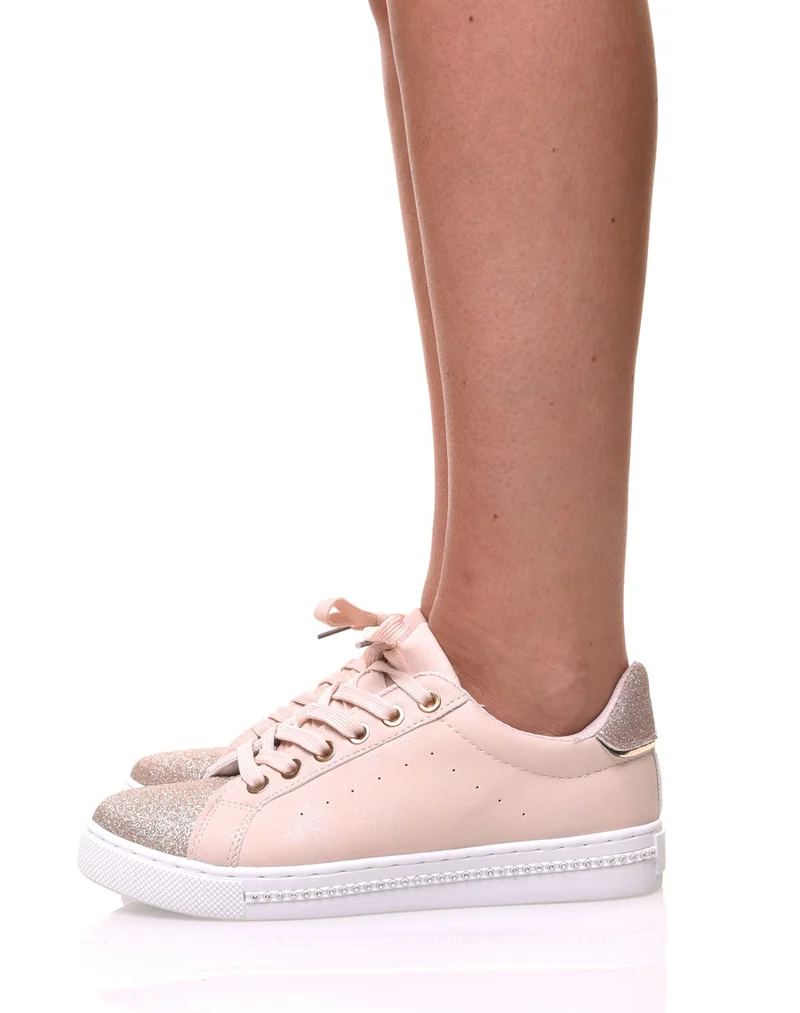 Sneakers bi matières abricot pailletés