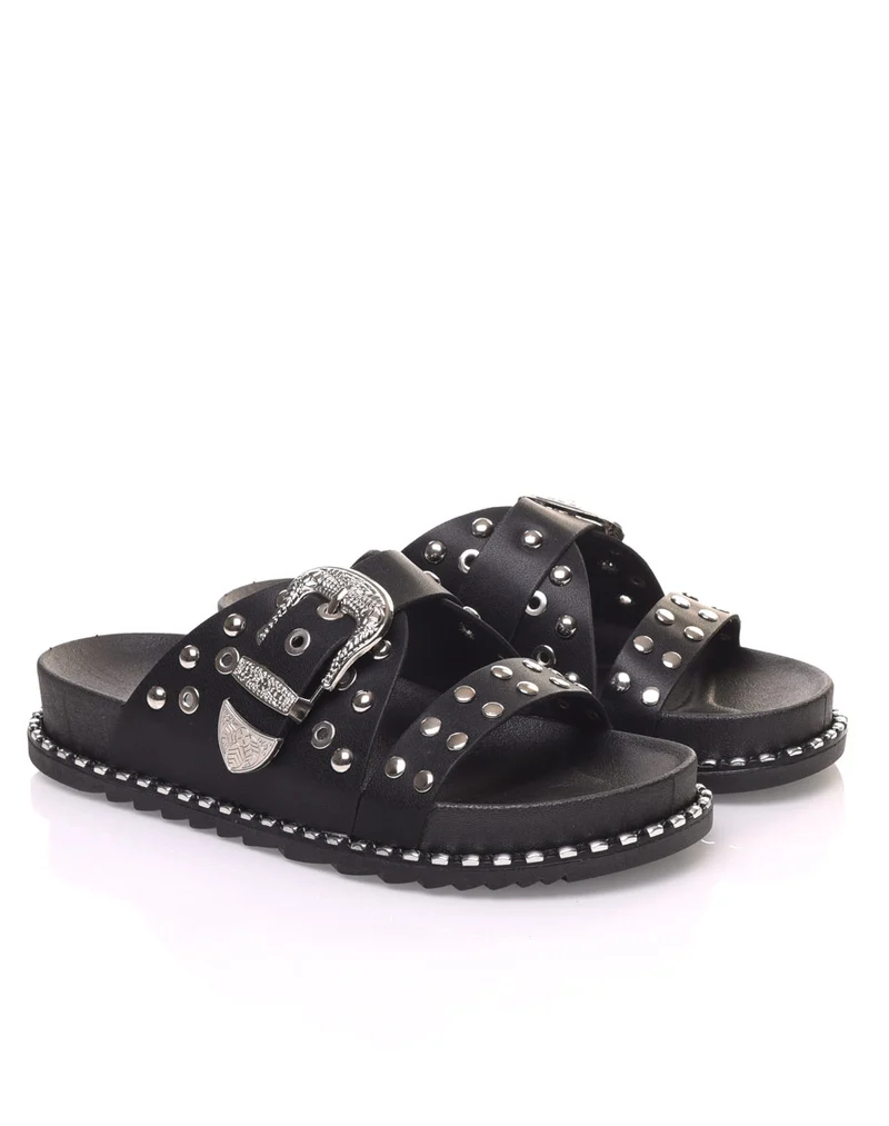 Sandales cloutées noires à boucles gravées