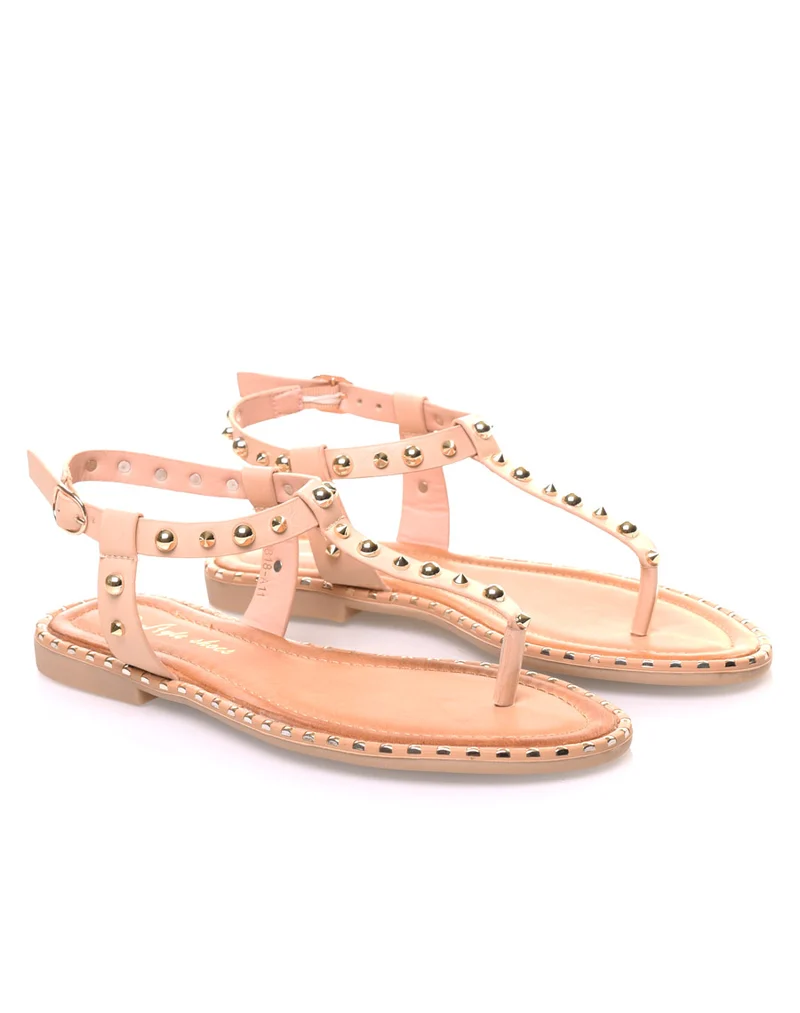 Nu pieds beige cloutés or