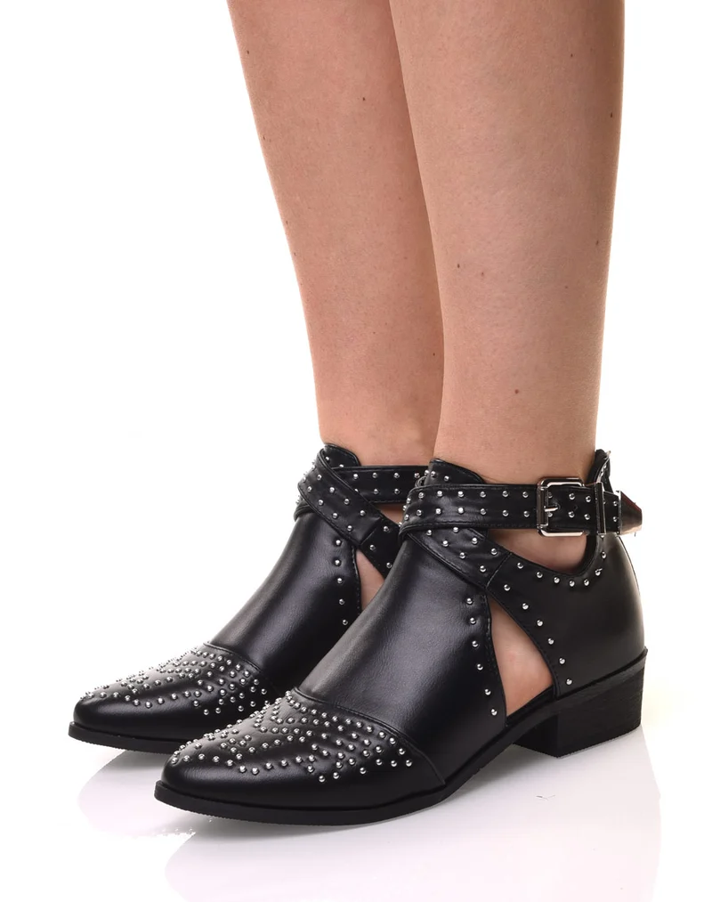 Bottines noires cloutées à boucles croisées
