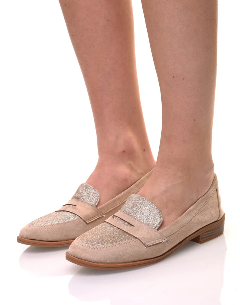 Mocassins beiges en suédine effet pailleté