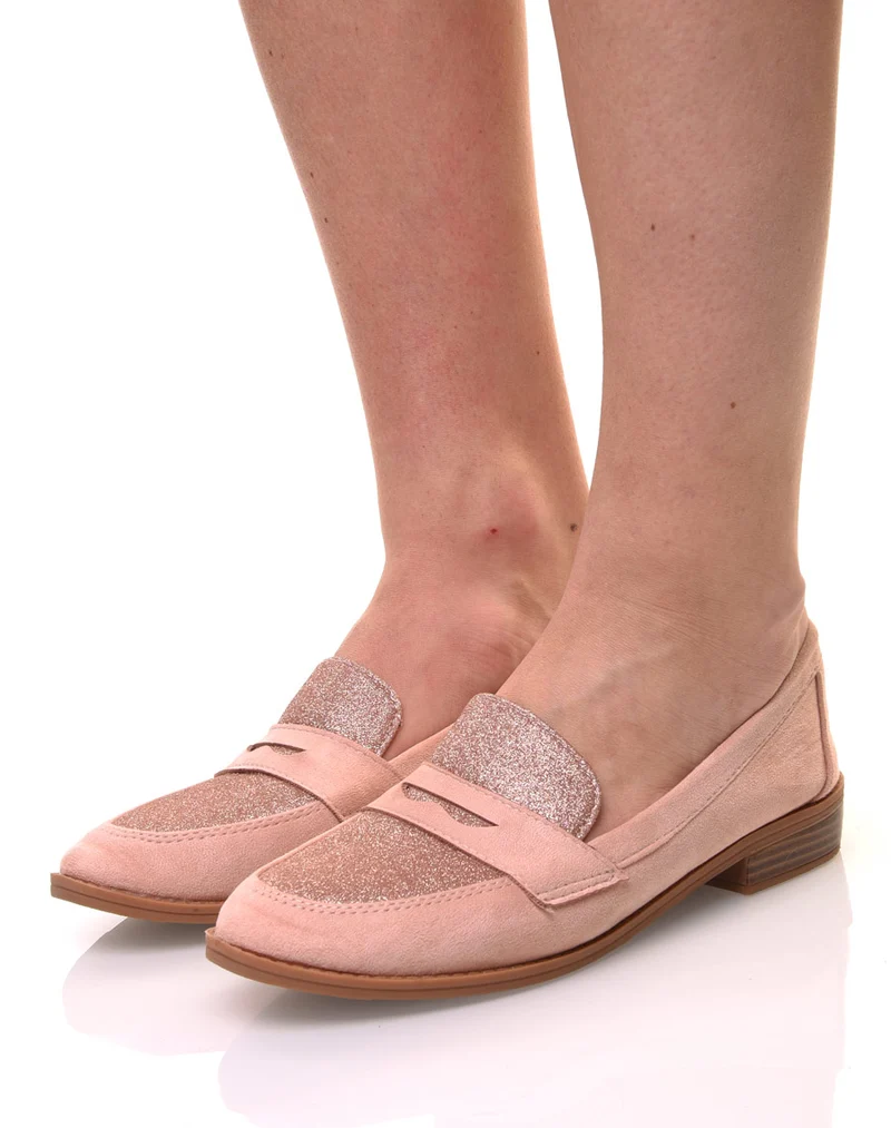 Mocassins roses en suédine effet pailleté