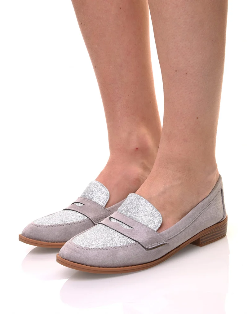Mocassins grises en suédine effet pailleté