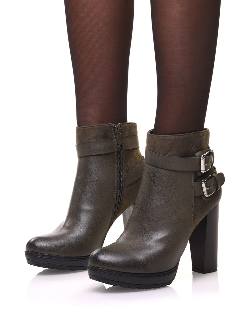 Bottines vertes à talons bi-matières