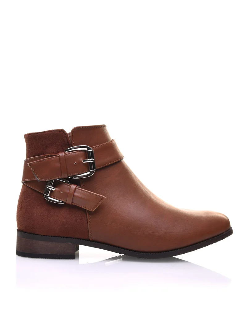 Bottines camel plates lanières à sangles décoratives