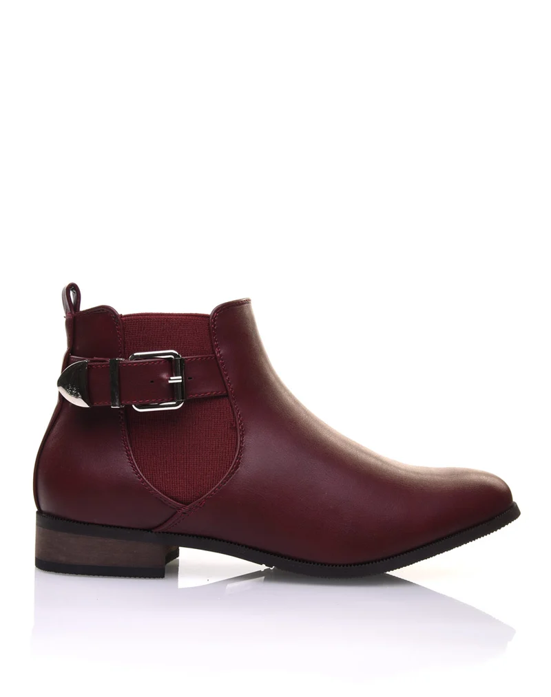 Bottines bordeaux plates lanière et élastique décoratifs