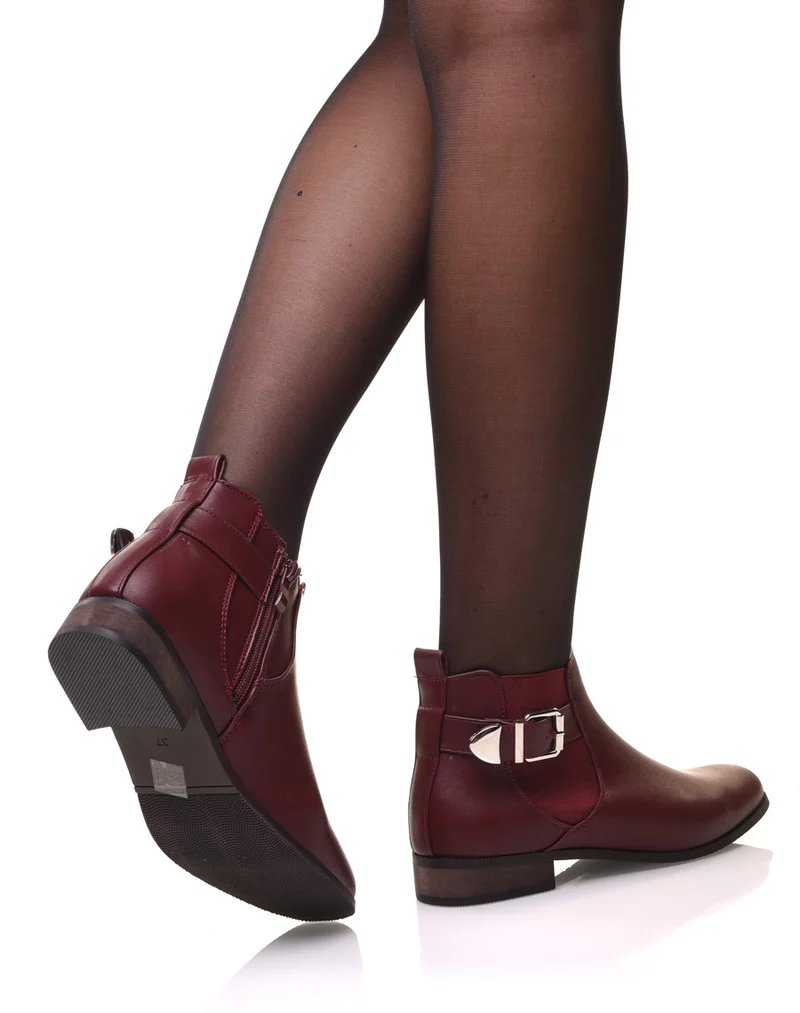 Bottines bordeaux plates lanière et élastique décoratifs