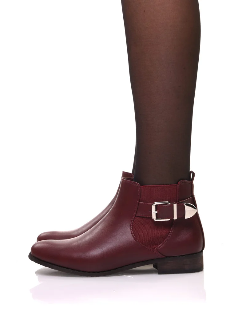 Bottines bordeaux plates lanière et élastique décoratifs