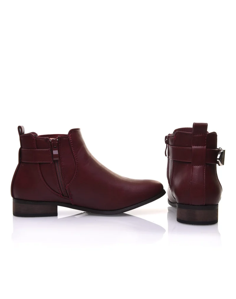 Bottines bordeaux plates lanière et élastique décoratifs