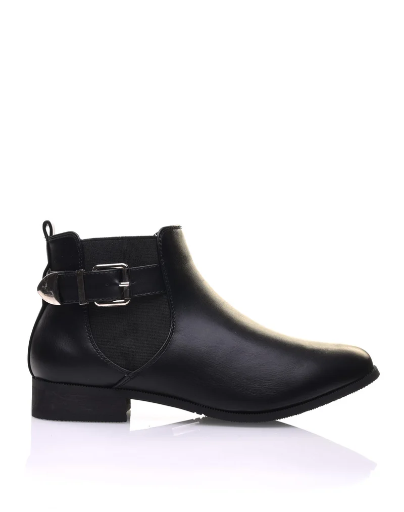 Bottines noires plates lanière et élastique décoratifs