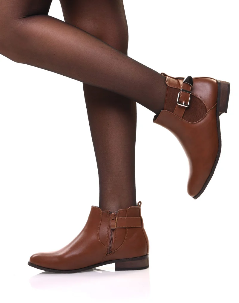 Bottines camel plates lanière et élastique décoratifs
